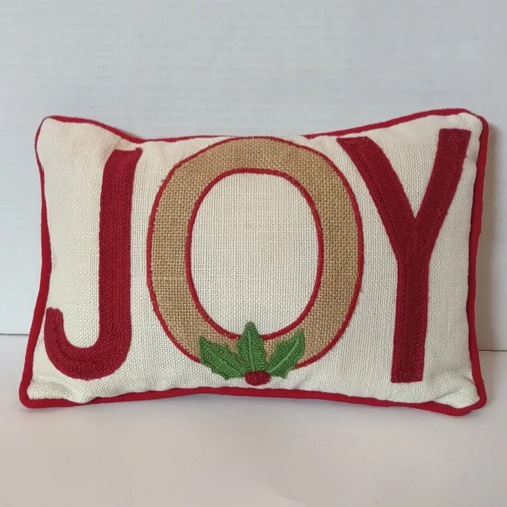 JOY Home Decorative Christmas Pillow Burlap Sweater Holly Applique Accents
